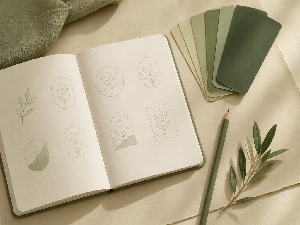 دفتر رسومات أولية للشعار مع لوحة ألوان خضراء